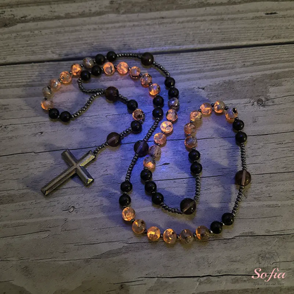 Natural Obsidian Yooperlite Rosary Necklace, UV Reactive Energy Protection Crystal