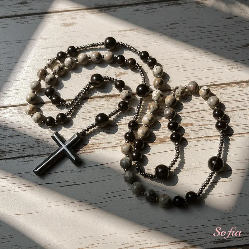 Natural Obsidian Yooperlite Rosary Necklace, UV Reactive Energy Protection Crystal