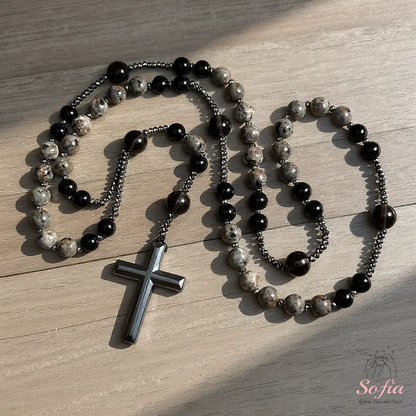 Natural Obsidian Yooperlite Rosary Necklace, UV Reactive Energy Protection Crystal