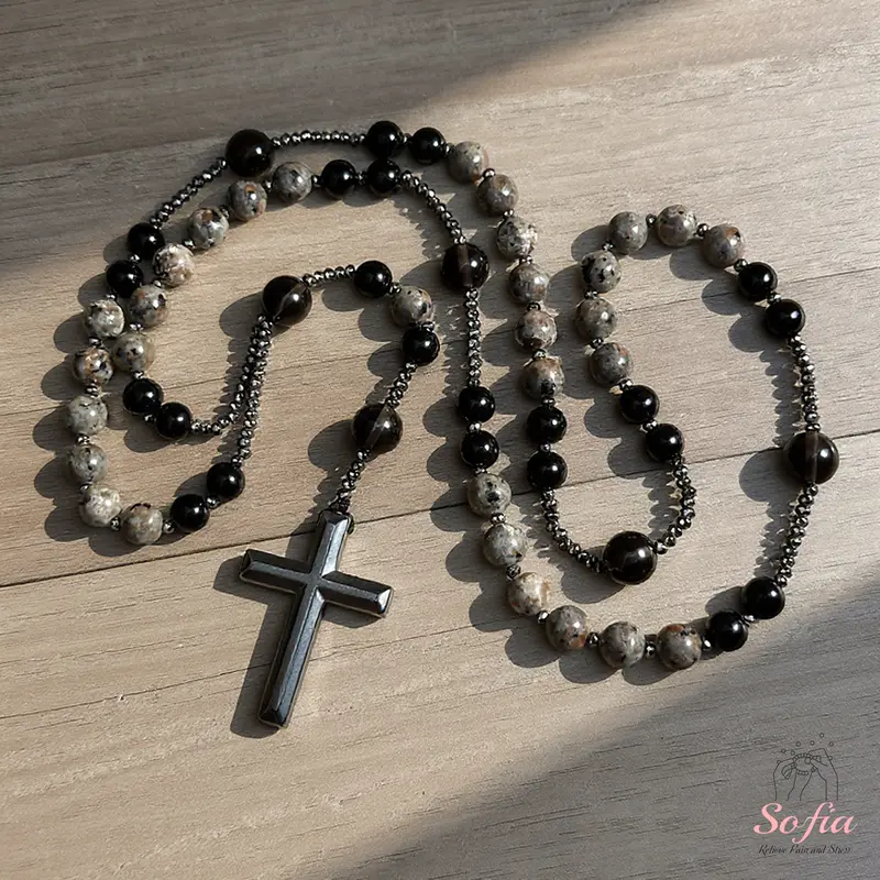 Natural Obsidian Yooperlite Rosary Necklace, UV Reactive Energy Protection Healing Crystal